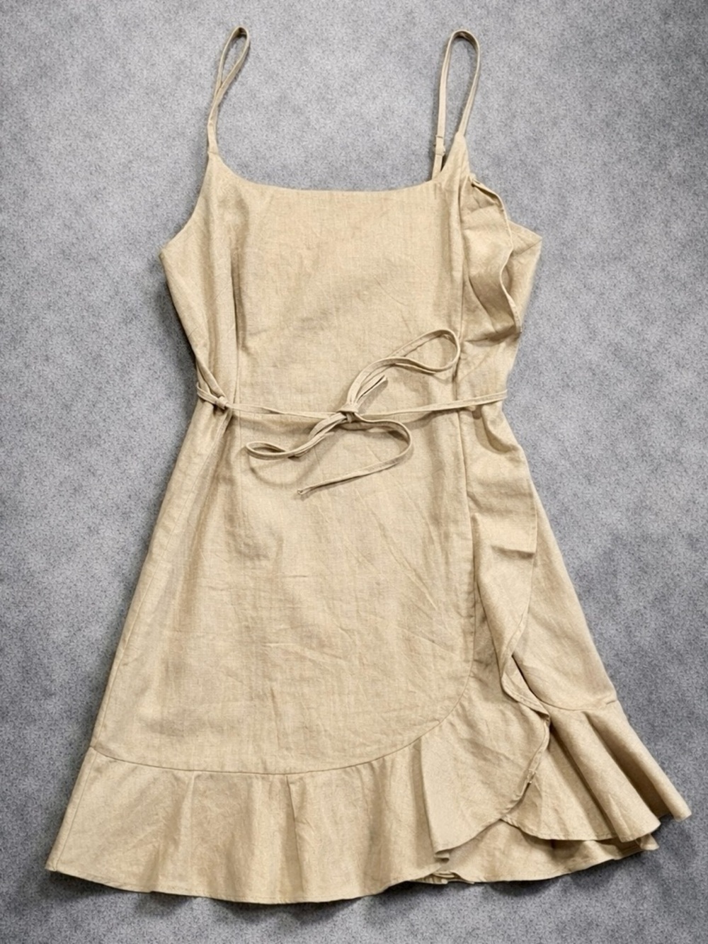 Linen Blend Boho Ruffle Mini Dress Tie Waist Summer Vacation L - Picture 2 of 9
